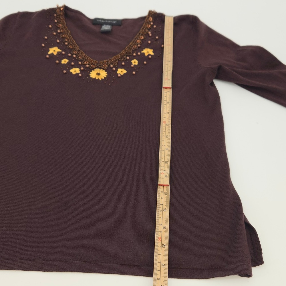 Cable & Gauge Sweater Women Small Brown Silk Blend Beaded Floral Cottagecore - Picture 5 of 9